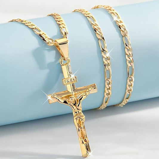✝️ Gold Crucifix Necklace | Adjustable Figaro Chain & Timeless Faith Design